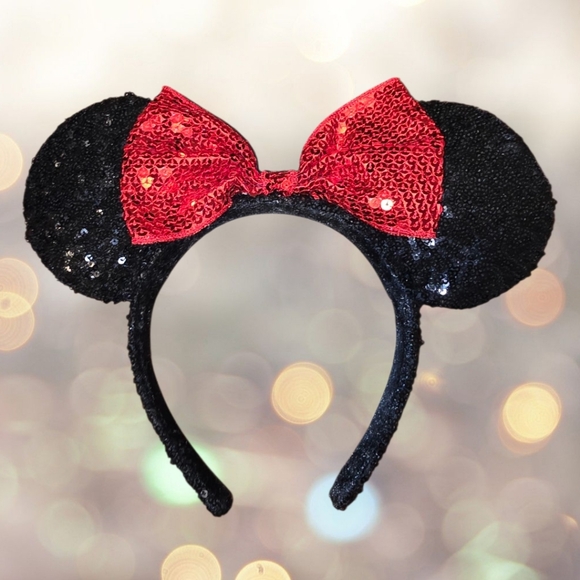 Disney Accessories - Disney Parks Minnie Mouse Sequin Ears Headband Black with Red Bow